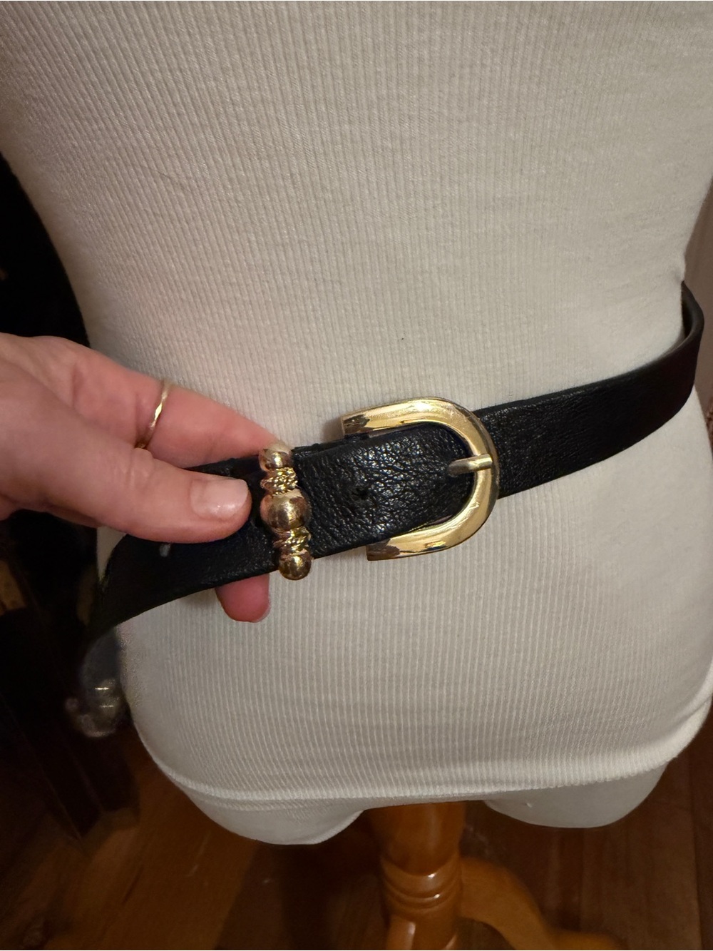 Classic Black Leather Belt with Gold Buckle